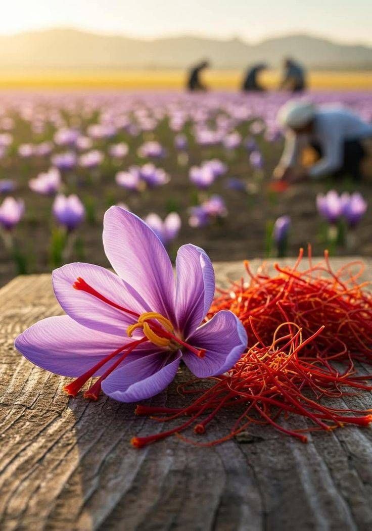 گل زعفران و کلاله‌های جداشده روی چوب؛ در پس‌زمینه، مزرعه هنگام برداشت